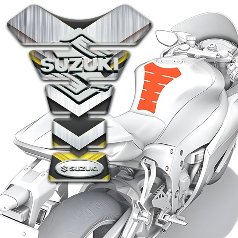 Suzuki Tank Pad Motorbike Silver Yellow base Stylish Logo Design 