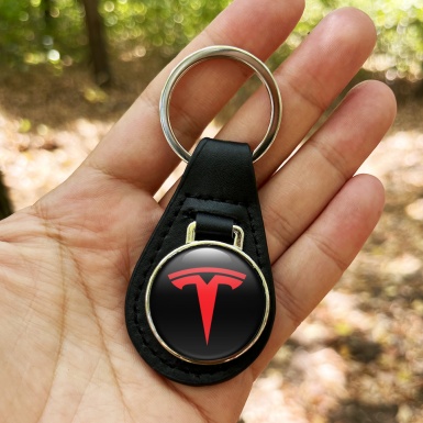 Tesla Keychain Leather Black Red Clean Logo