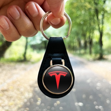 Tesla Keychain Leather Black Red Clean Logo