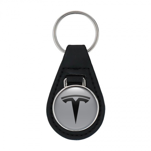 Tesla Keyring Holder Leather Silver Black Clean Logo
