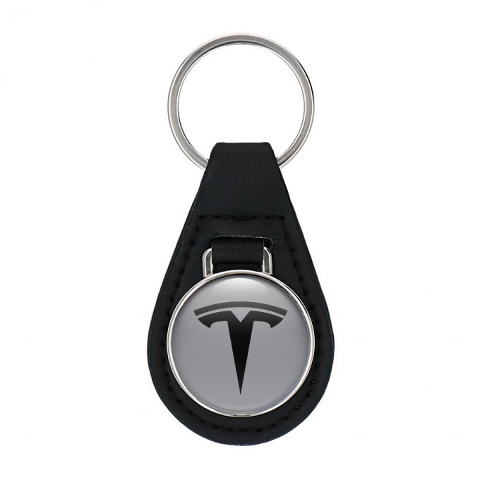 Tesla Keyring Holder Leather Silver Black Clean Logo