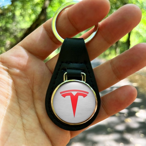 Tesla Leather Keychain Silver Red Clean Logo