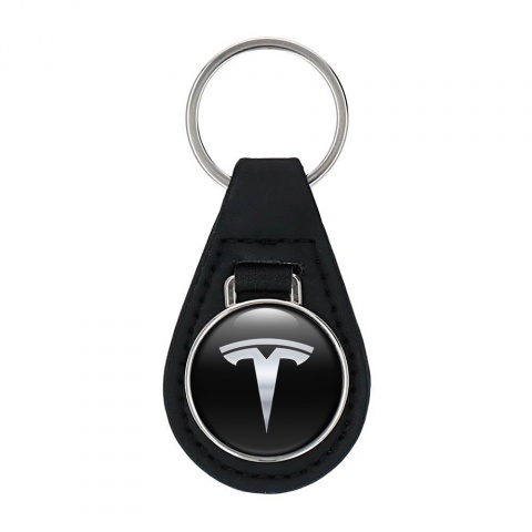Tesla Key Fob Leather Black Metallic Clean Logo