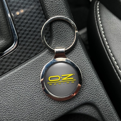 OZ Racing Metal Key Ring Light Carbon Yellow Stripes Logo Design