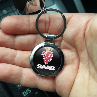 Saab Key Holder Metal Black Red Logo Gold Crown Edition
