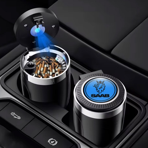 Saab Ashtray Logo Container for Cigarette LED Blue Black Colors 