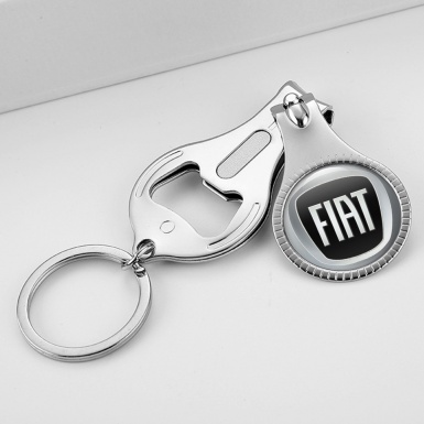 Fiat Key Chain Ring Nail Trimmer Grey Chrome 3D Ring Black Striped Style Domed Sticker