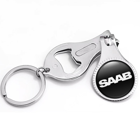 Saab Keychain Fingernail Trimmer Classic Black White Slogan Domed Emblem