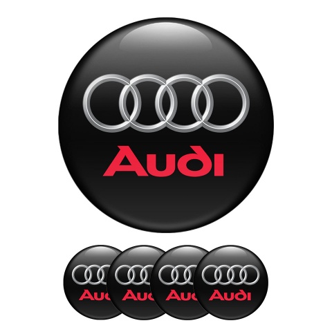 Audi Domed Stickers Wheel Center Cap Silver Rings Red Logo