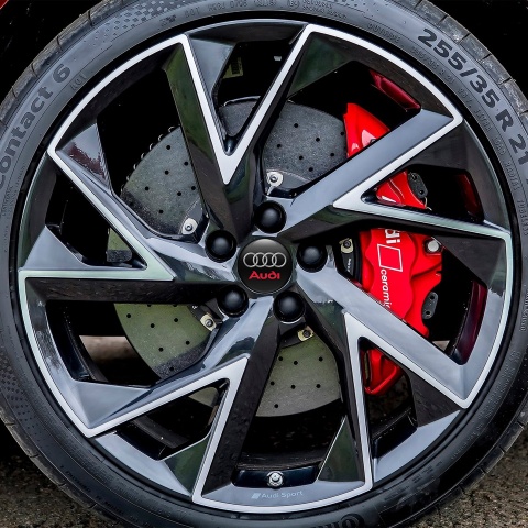 Audi Domed Stickers Wheel Center Cap Silver Rings Red Logo