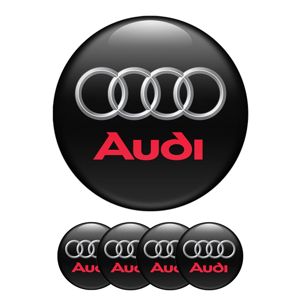 Audi Domed Stickers Wheel Center Cap Silver Rings Red Logo