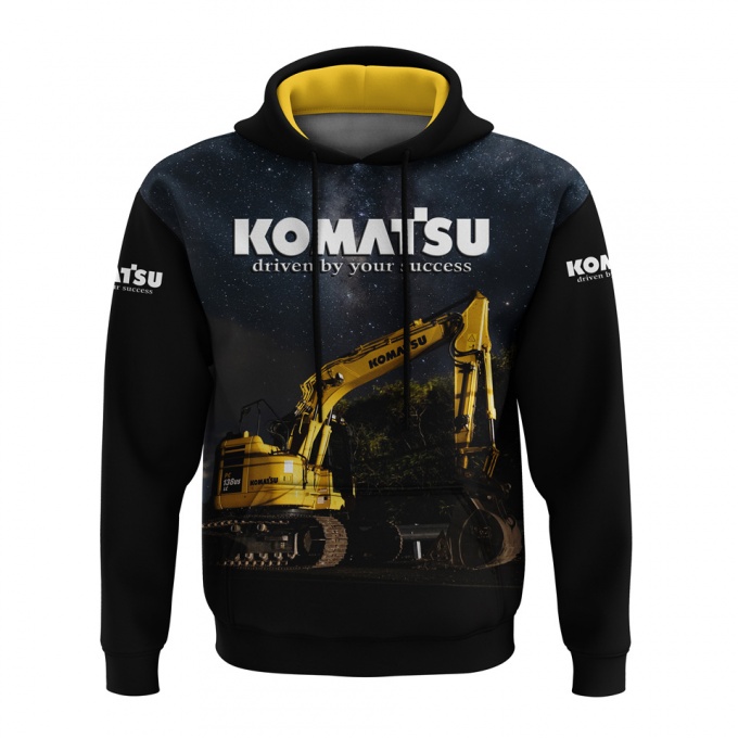 Komatsu Hoodie Black Yellow Night Sky Excavator Collage