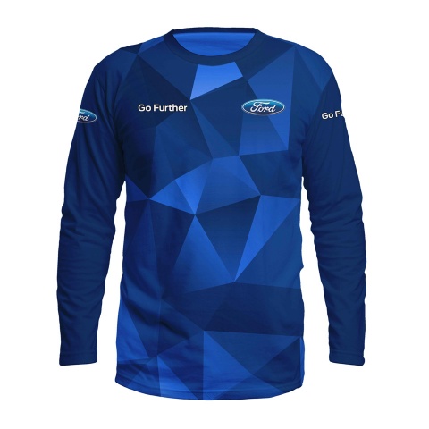 Ford T-Shirt Long Sleeve Go Further Slogan Blue Geometrical Design 
