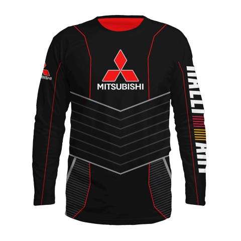 Mitsubishi T-shirt Long Sleeve Rally Art Black Red Color Logo