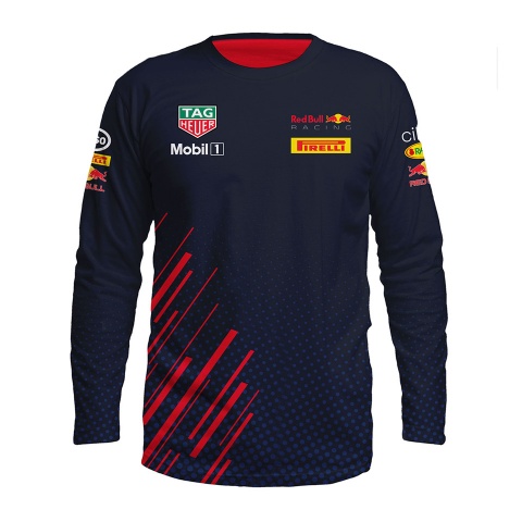 Red Bull Racing T-Shirt Long Sleeve Black Red Stripes Design
