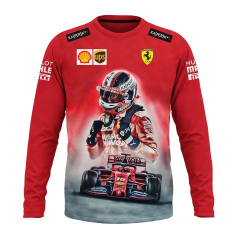 Ferrari Long Sleeve T-shirt Charles Leclerc Bright Red Black Design