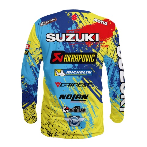 Suzuki T-Shirt Long Sleeve Blue Red Yellow Splatter Design