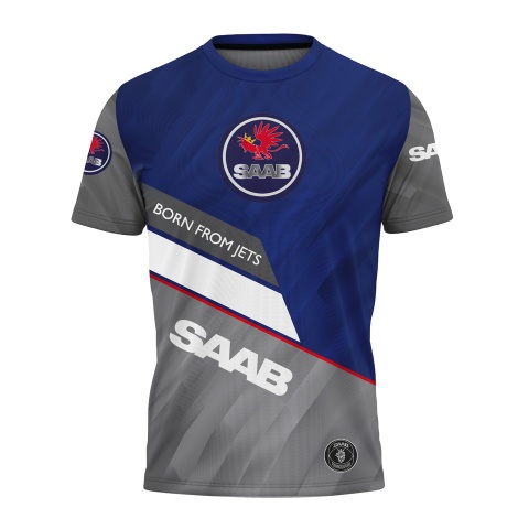 Saab Short Sleeve T-Shirt Grey Blue Stripe Design