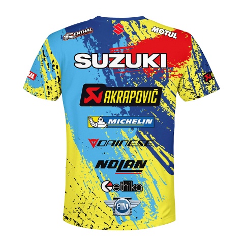 Suzuki T-Shirt Short Sleeve Blue Red Yellow Splatter Design