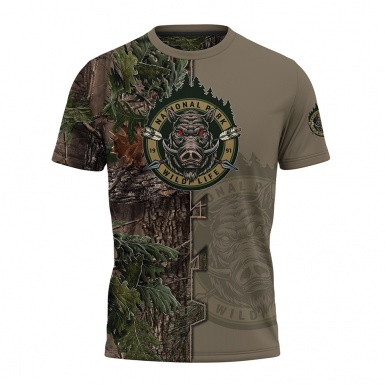 Hunting Short Sleeve T-Shirt Wild Boar Half Forest Full Color Print