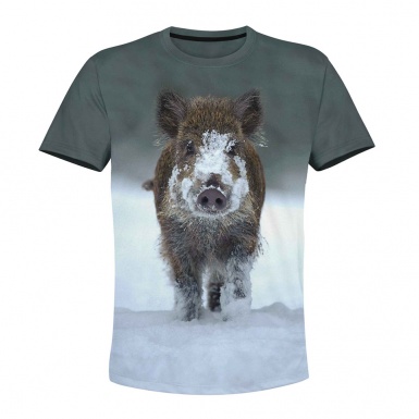 Hunting T-Shirt Wild Brown Boarlet  Snowy Field Multicolor Print