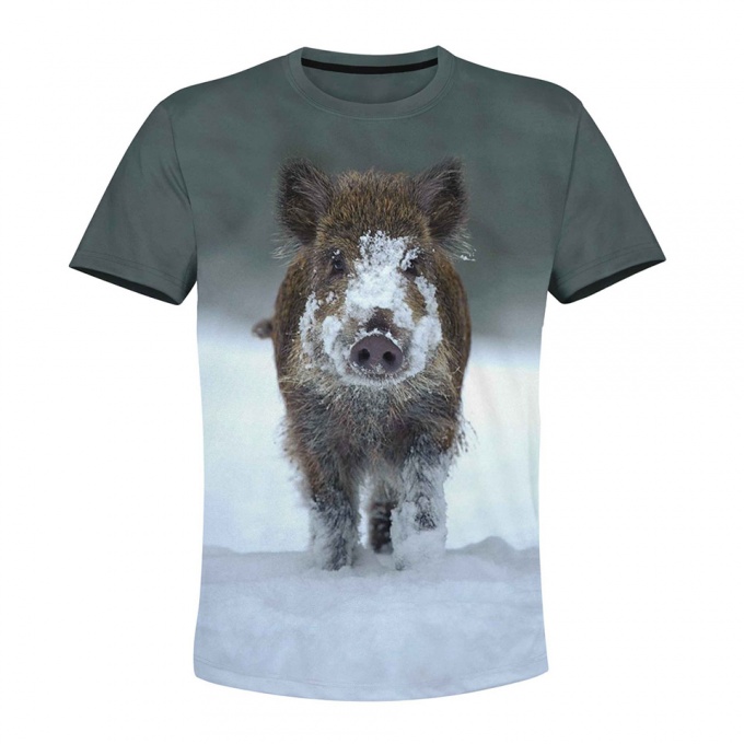 Hunting T-Shirt Wild Brown Boarlet  Snowy Field Multicolor Print