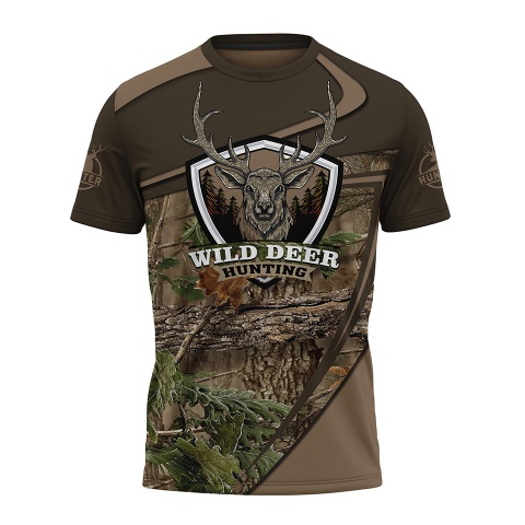 Hunting T-Shirt Short Sleeve Wild Deer Hunting Logo Forest Print