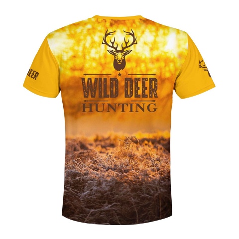 Hunting T-Shirt Short Sleeve Wild Deer Golden Sky Bakckground