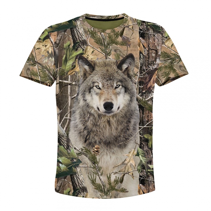 Hunting T-Shirt Short Sleeve Wild Angry Wolf Stare Forest Design