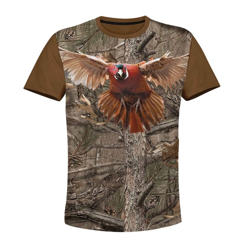 Hunting T-Shirt Short Sleeve Brown Pheasant Bird Tree Print
