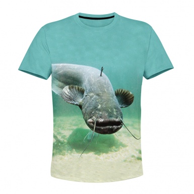 Fishing Short Sleeve T-Shirt Turquoise Catfish Lake Design