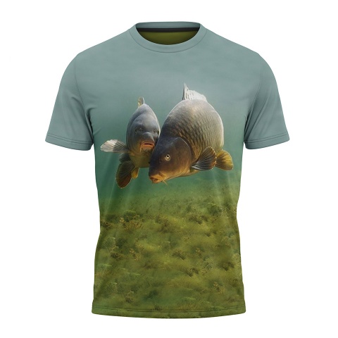 Fishing Short Sleeve T-Shirt Turquoise Carp Fish Mating Edition