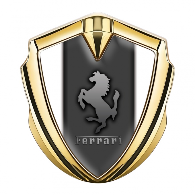 Ferrari 3D Car Metal Emblem Gold Grey Base White Sidelines