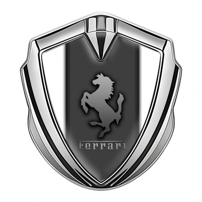 Ferrari 3D Car Metal Emblem Silver Grey Base White Sidelines