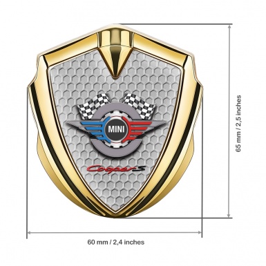 Mini Cooper S Fender Emblem Badge Gold Grey Hex Racing Gears Logo