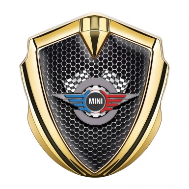 Mini Cooper Trunk Emblem Badge Gold Dark Hexagon Gears Logo Design