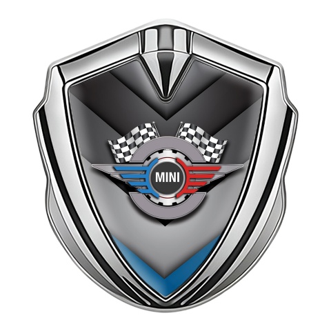 Mini Cooper Tuning Emblem Self Adhesive Silver V Shaped Blue Design