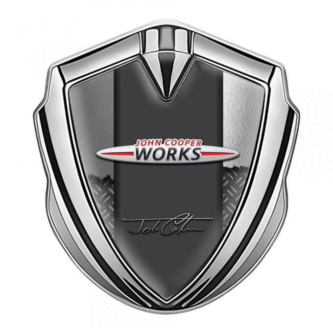 Mini Cooper Fender Metal Emblem Silver Torn Effect John Cooper Signature