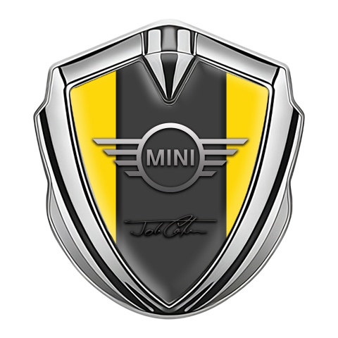 Mini Cooper Fender Emblem Silver Yellow Base John Cooper Signature