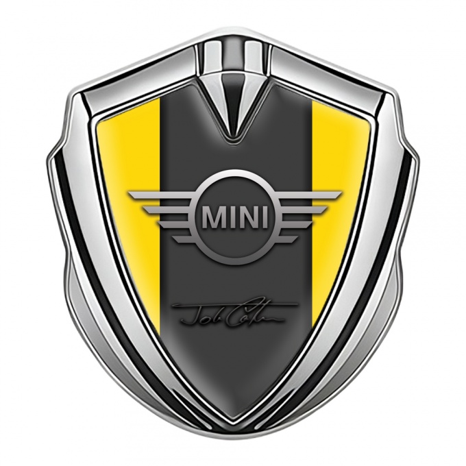 Mini Cooper Fender Emblem Silver Yellow Base John Cooper Signature