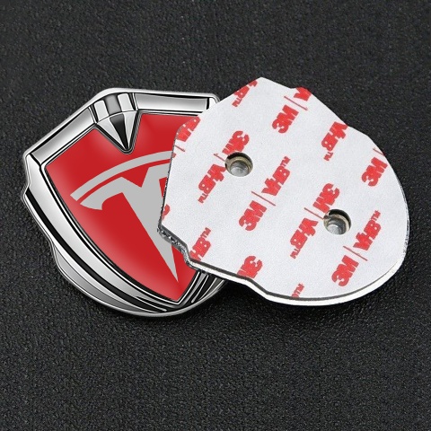Tesla 3D Car Metal Emblem Silver Red Base Grey Logo Design