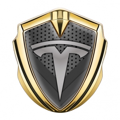 Tesla 3D Car Metal Emblem Gold Grey Dot Grid Logo Edition