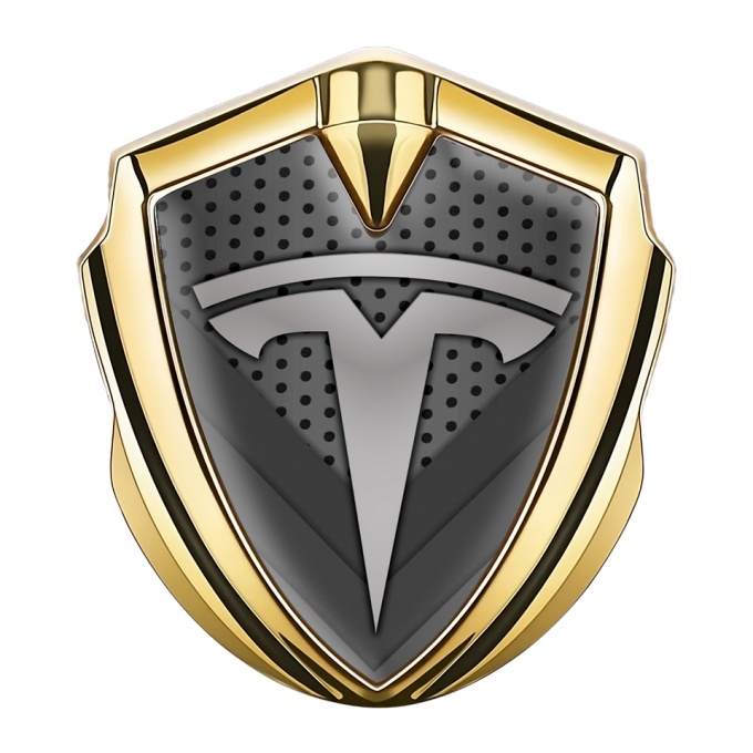 Tesla 3D Car Metal Emblem Gold Grey Dot Grid Logo Edition
