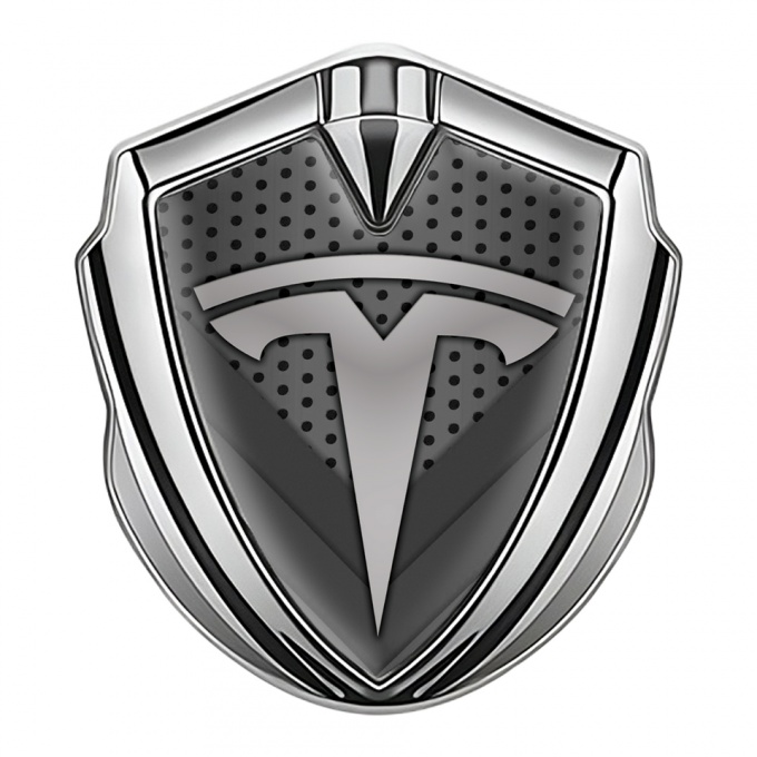 Tesla 3D Car Metal Emblem Silver Grey Dot Grid Logo Edition