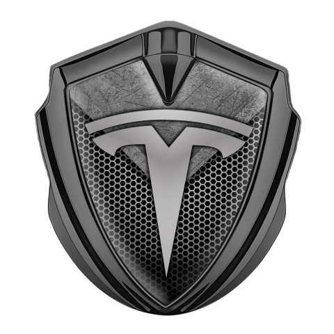 Tesla Fender Badge Graphite Dark Hex Scratched Plate Design