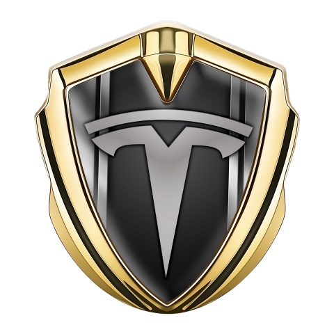 Tesla 3D Car Metal Emblem Gold Metallic Effect Stripes Design