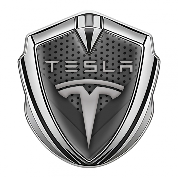 Tesla 3D Car Metal Emblem Silver Dark Mesh V Shapes Edition