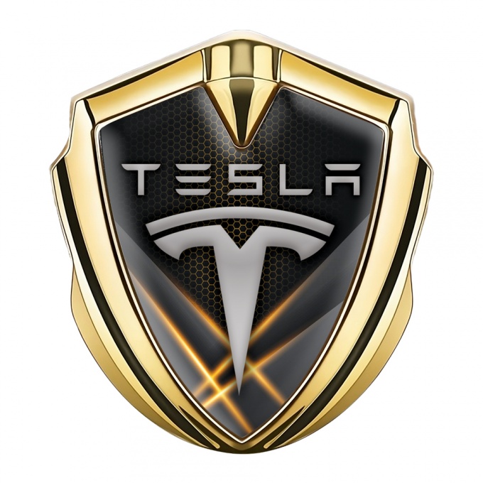 Tesla Trunk Emblem Badge Gold Dark Hex Orange Lights Design