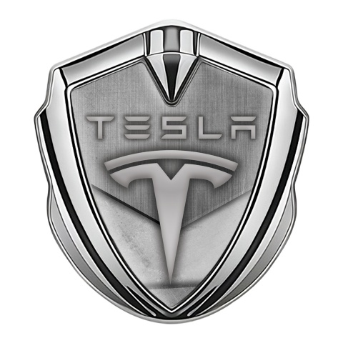 Tesla Fender Metal Emblem Silver Grey Slabs Rough Metal Design