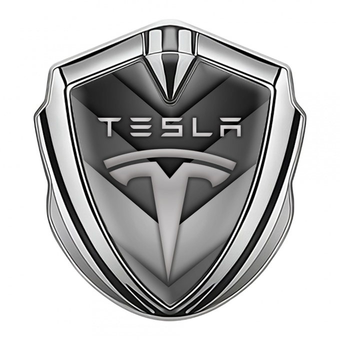 Tesla Metal Emblem Self Adhesive Silver V Shaped Grey Edition